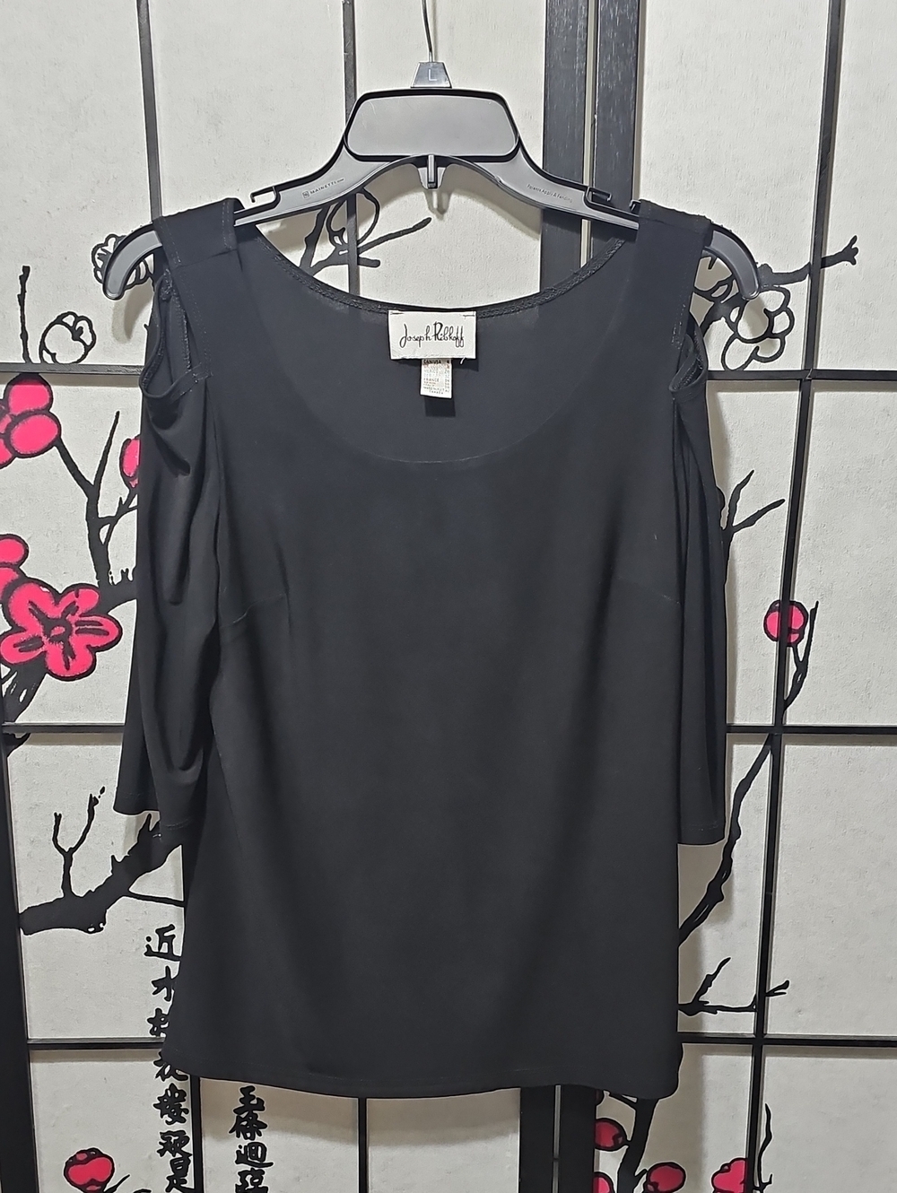 Joseph Ribkoff Black Cold-Shoulder Blouse with Soft Drape Size 4